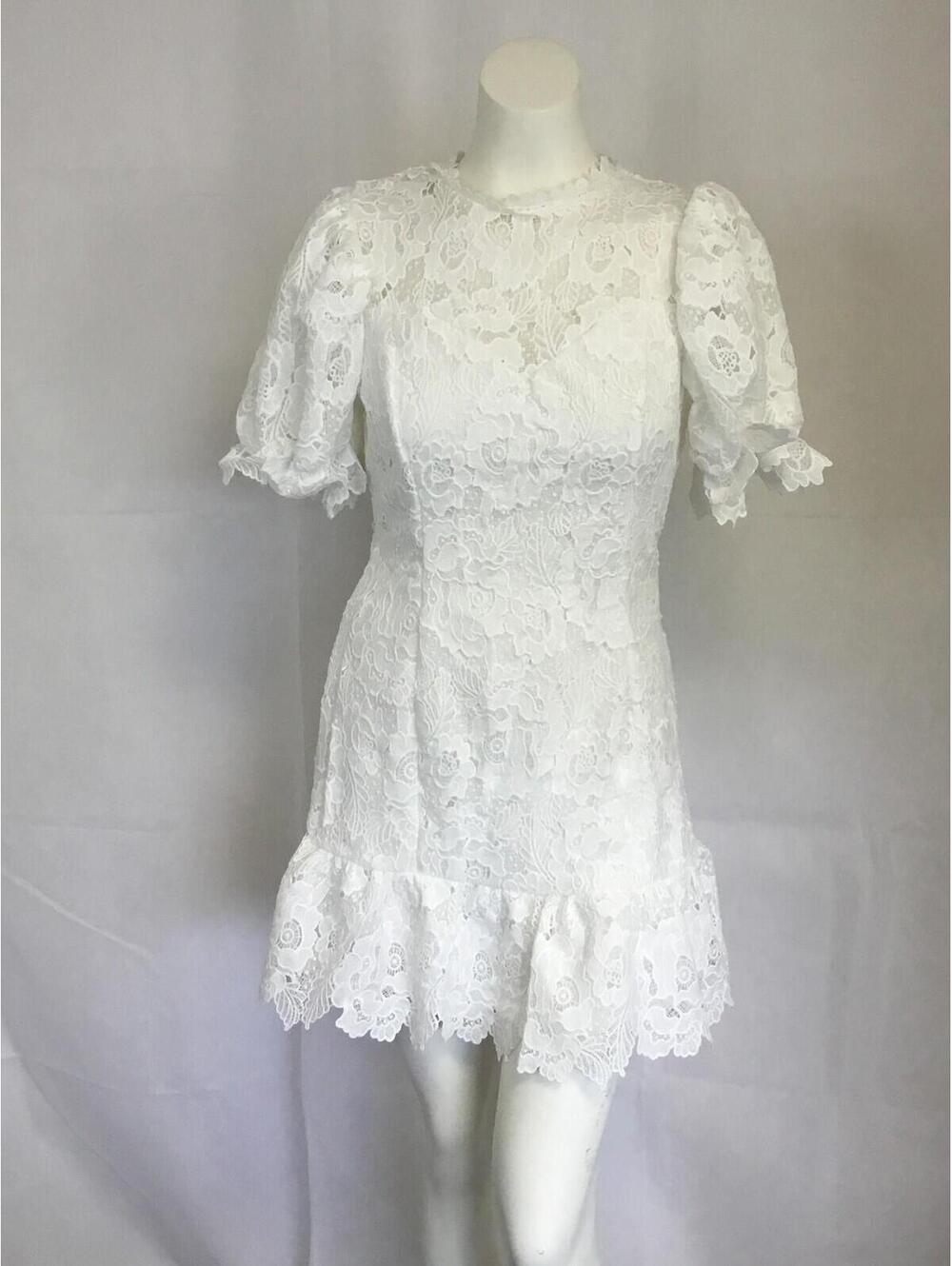 [363] A.peach Dress Womens S White Lace Floral Puff Sleeve Ruffle Hem Party